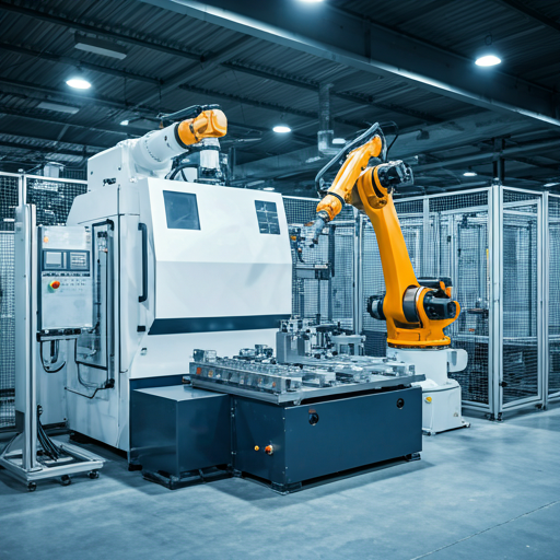 Modern high-tech manufacturing floor with precision robotics and industrial automation equipment in a clean, brightly lit factory setting.